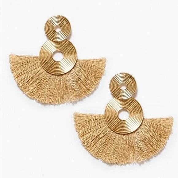 NWT PrettyLittleThing Chic Gold Fringe Disk Statement Earrings Drop Dangle Cream - Picture 2 of 15